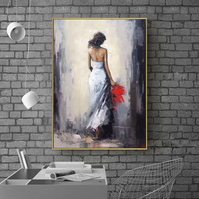 Cuadro Óleo Pintado a Mano - Mujer con Vestido Blanco para Decoración del Hogar - Image 4