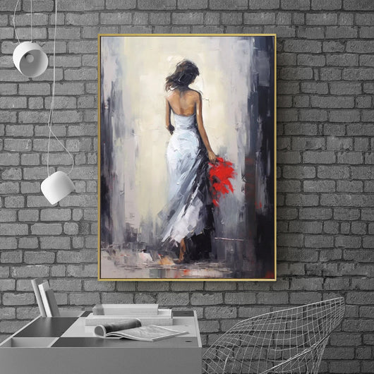 Cuadro Óleo Pintado a Mano - Mujer con Vestido Blanco para Decoración del Hogar - Image 4