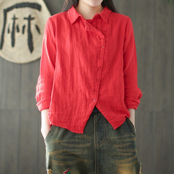 Camisa Retro de Algodón y Lino con Diseño Diagonal