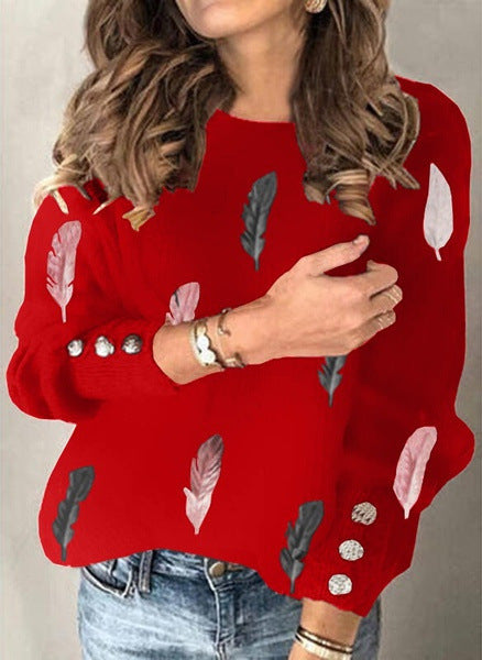 Suéter Tejido Cuello Redondo con Estampado de Plumas para Mujer - Image 7