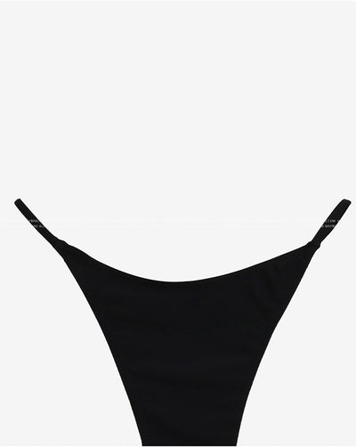 Black pure color bikini with a strapless tie-front bandeau top and matching T-back thong bottoms. - Image 30