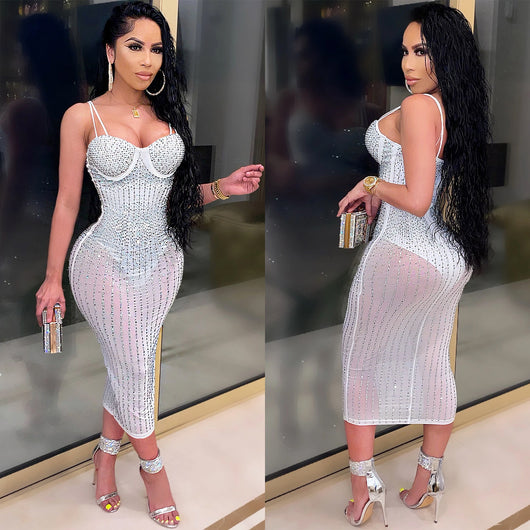Vestido de Fiesta Mesh Transparente con Strass y Tirantes Ajustables - Image 18