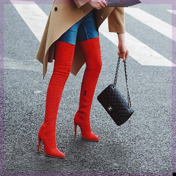 Botas Rojas Altas con Caña Elástica para Mujer
