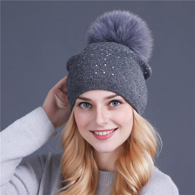 Gorro de Cachemira con Pompón de Pelaje de Zorro para Mujer - Image 7