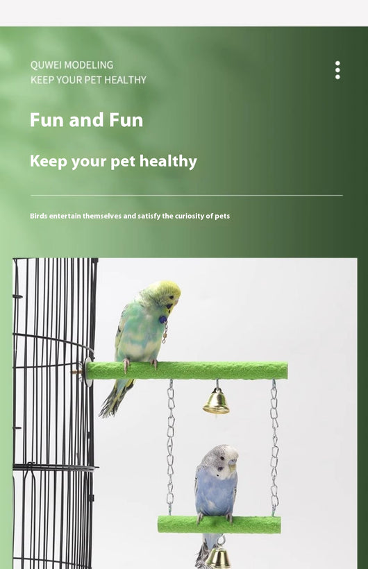 Colorful parrot swing toy with a natural wood perch, an arch of multicolored beads, and two small bells. - Image 18