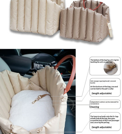 Light khaki quilted portable pet carrier with brown handles and a cream shoulder strap for car travel. - Image 16