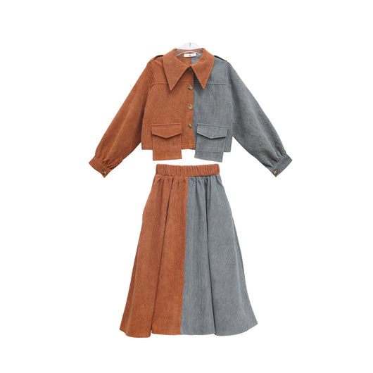 Young girl in a pink and brown color-block corduroy two-piece dress set with a collared top and midi skirt. - Image 11