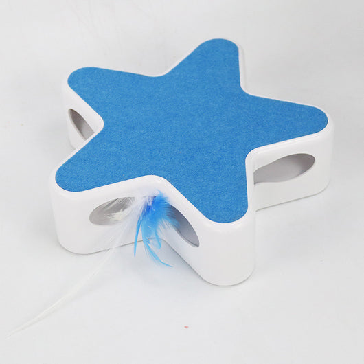 White star-shaped cat toy with a bright green felt top and a yellow-green feather peeking from a side opening. - Image 13