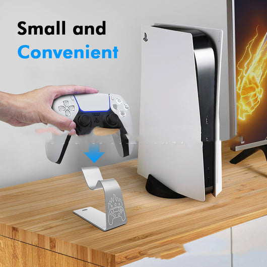Silver metal gamepad display stand with a white outline graphic of a gaming controller on the front. - Image 11