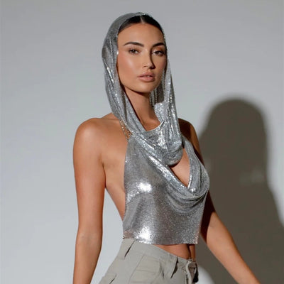 Conjunto de Dos Piezas: Top con Abertura Trasera y Lentejuelas Metálicas + Pañoleta - Image 4