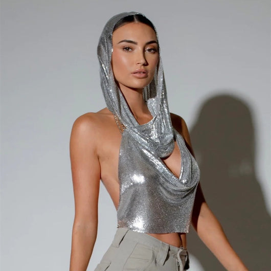 Conjunto de Dos Piezas: Top con Abertura Trasera y Lentejuelas Metálicas + Pañoleta - Image 4
