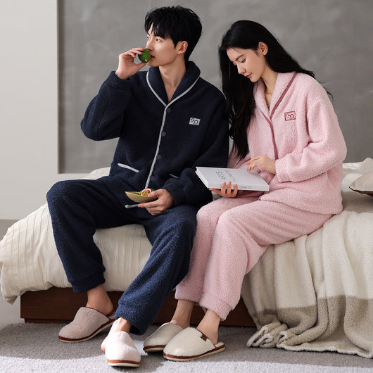Pijama de Pareja Franela Gruesa Coral Fleece Manga Larga Abrigado - Image 3