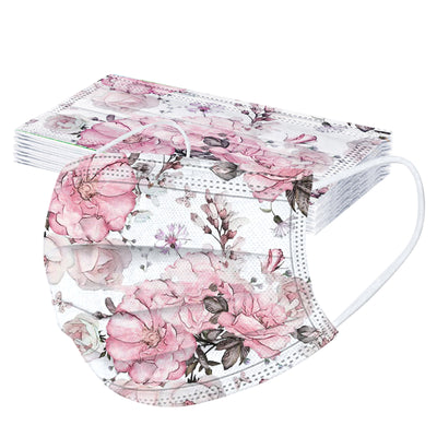 Stack of disposable facial masks with a watercolor floral pattern of red, pink, and orange roses and green leaves. - Image 30