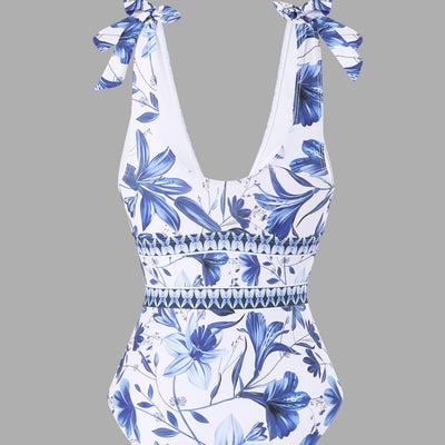 White and green floral print one-piece swimsuit with tie-shoulder straps and matching long chiffon skirt. - Image 3