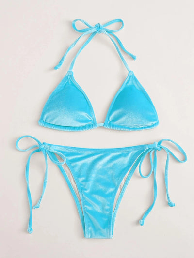 Women's high waist split swimsuit in vibrant blue velvet-like fabric with triangle top and tie-side bottom. - Image 5