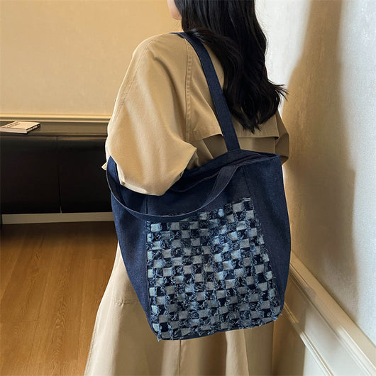 Bolsa Tote de Mezclilla Lavada con Patrón Escocés y Gran Capacidad - Image 3
