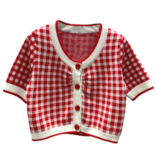 Cardigan de Punto Cuadros Rojo y Blanco con Contraste - Image 5