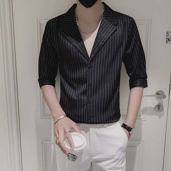 Camisa Slim Fit a Rayas Manga Corta para Hombre