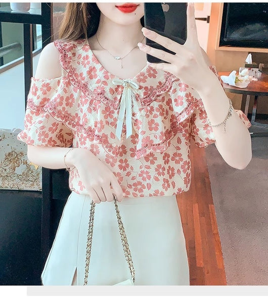 Blusa Chiffon Floral Hombro Descubierto - Camisa Romántica de Manga Corta - Image 26