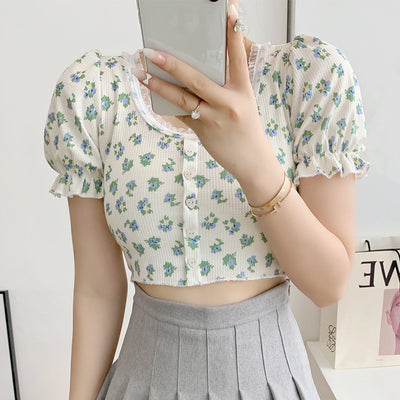 Camiseta Retro Floral con Mangas Abullonadas para Mujer - Image 4
