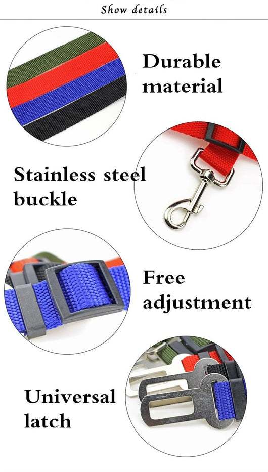 Pink adjustable dog car seat belt with a metal seatbelt buckle and a silver swivel snap hook. - Image 23