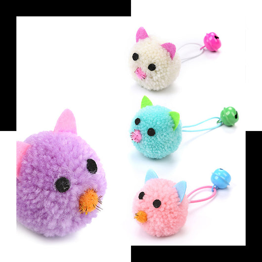 Teal plush mouse head cat toy with green ears, black eyes, pink nose, and a green bell on a light blue string. - Image 13
