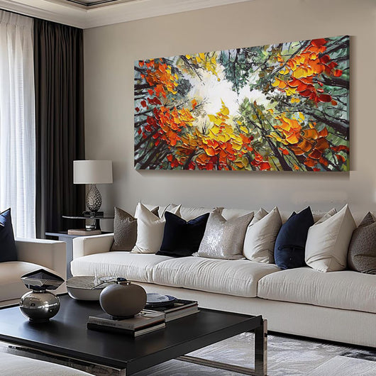 Cuadro Bosque Otoñal Pintado a Mano - Óleo Artístico Naranja y Madera para Decoración Natural - Image 3
