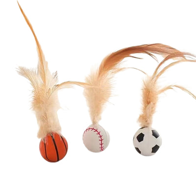 Set of three pet toys: a basketball, baseball, and soccer ball, each with light brown feathers for cats and small dogs. - Image 12