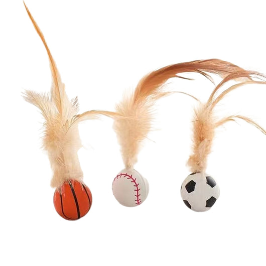 Set of three pet toys: a basketball, baseball, and soccer ball, each with light brown feathers for cats and small dogs. - Image 12