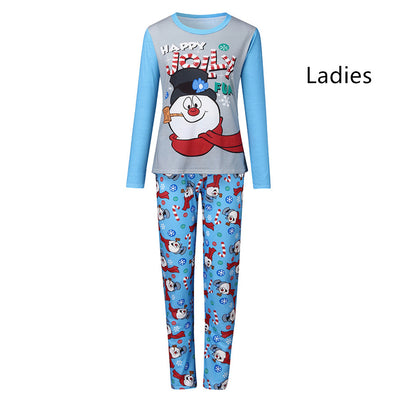 Christmas parent-child long sleeve pajamas with a snowman graphic on grey and blue tops, and patterned pants. - Image 8