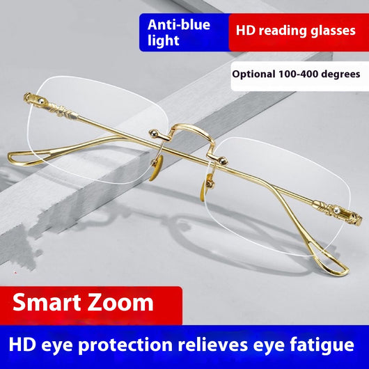 Silver rimless reading glasses with clear lenses held by a hand, featuring decorative temples and smart zoom technology. - Image 2