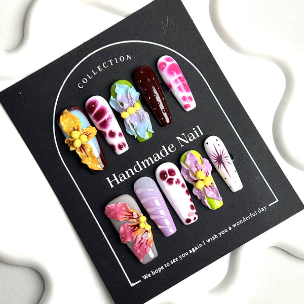 Uñas Postizas 3D con Diseño Floral Tallado Artesanal