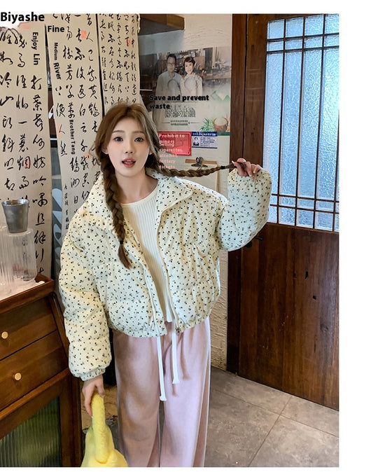 Abrigo Acolchado Estilo Universitario Coreano con Flores - Chaqueta de Algodón Grueso - Image 19