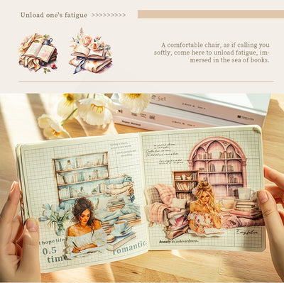 Set of 20 PET stickers featuring watercolor illustrations of cozy reading nooks, bookshelves, books, and related items. - Image 26