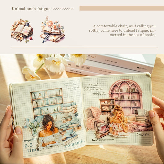 Set of 20 PET stickers featuring watercolor illustrations of cozy reading nooks, bookshelves, books, and related items. - Image 26