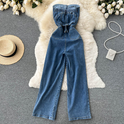 Pantalón Palazzo Denim de Cintura Alta con Top Tubo para Primavera y Verano - Image 4