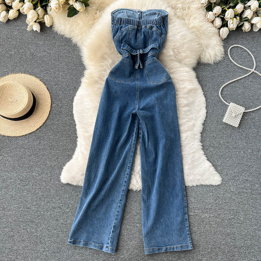 Pantalón Palazzo Denim de Cintura Alta con Top Tubo para Primavera y Verano - Image 4