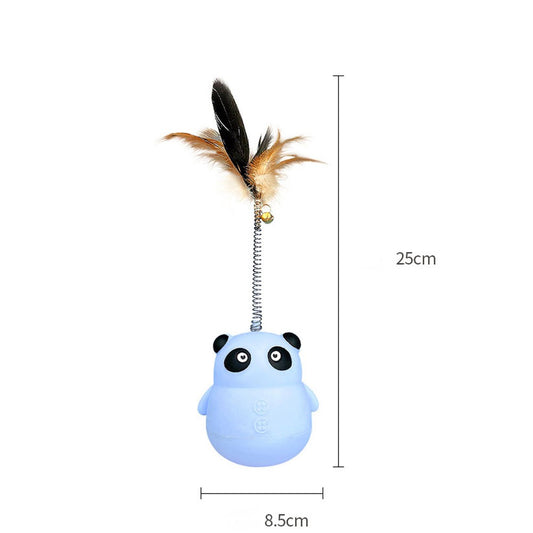 Light blue panda tumbler pet toy with a spring-attached feather and bell, designed to dispense treats. - Image 2