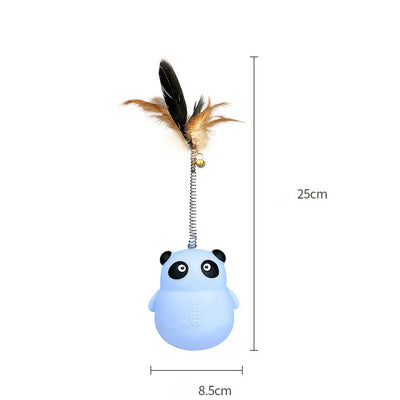 Light blue panda tumbler pet toy with a spring-attached feather and bell, designed to dispense treats. - Image 2
