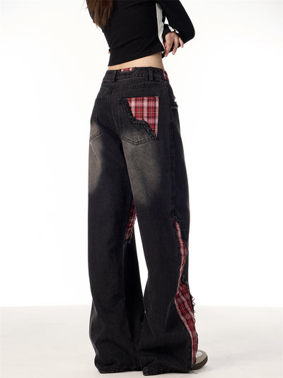 Pantalones Jeans Rectos Anchos para Mujer con Cuadros y Moño - Image 15