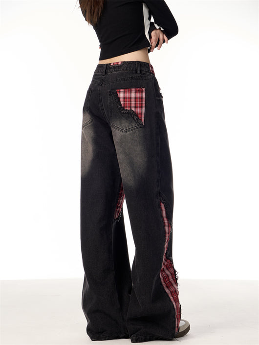 Pantalones Jeans Rectos Anchos para Mujer con Cuadros y Moño - Image 15