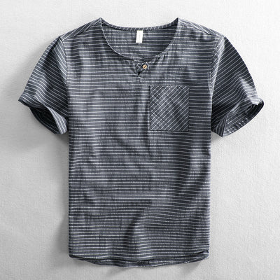 Camiseta Hombre Algodón Rayas Cuello Abierto Manga Corta Suelta Casual - Image 4