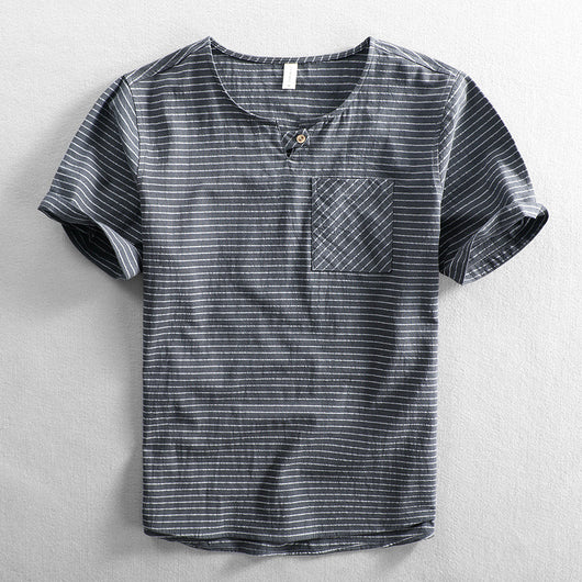 Camiseta Hombre Algodón Rayas Cuello Abierto Manga Corta Suelta Casual - Image 4