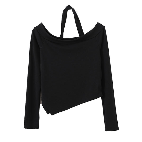 Blusa Otoñal de Manga Larga con Cuello Halter y Suéter Tejido en Hombros