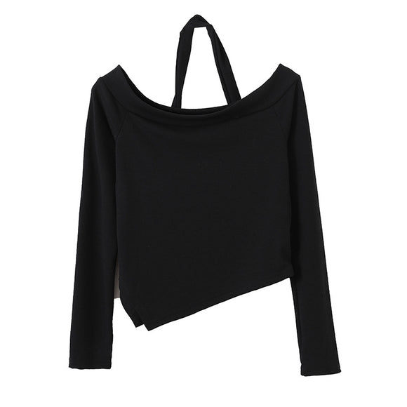 Blusa Otoñal de Manga Larga con Cuello Halter y Suéter Tejido en Hombros