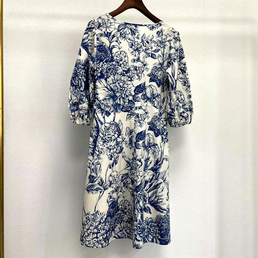 Vestido Azul y Blanco con Estampado Porcelana Chino - Cuello V Manga Media - Image 15
