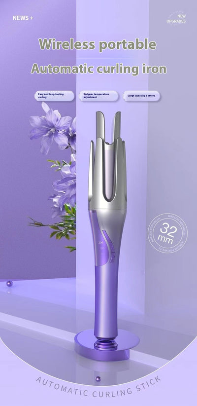 Gradient purple wireless automatic hair curler with a sleek design, one-button start, and three-speed adjustment. - Image 12