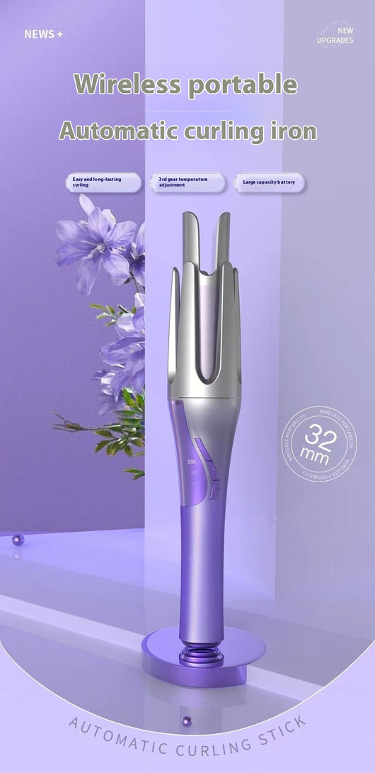 Gradient purple wireless automatic hair curler with a sleek design, one-button start, and three-speed adjustment. - Image 12