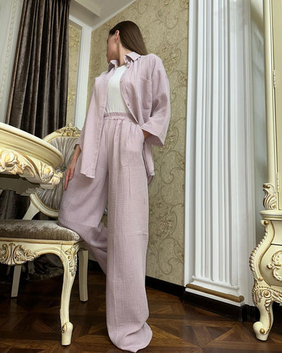 Conjunto Elegante de Camisa Holgada con Cordones y Pantalón Ancho - Image 16