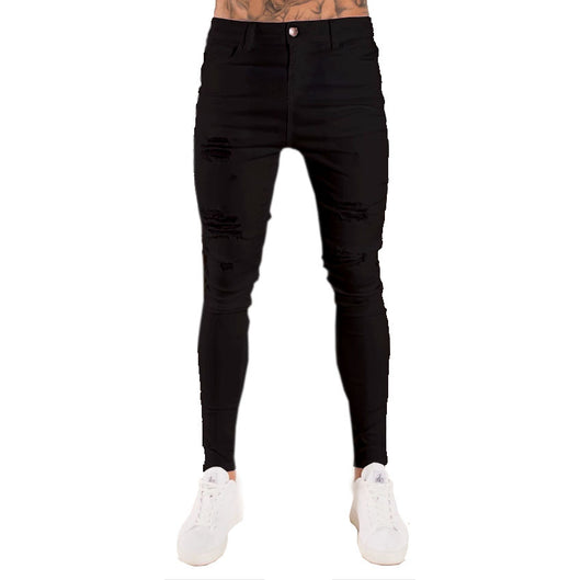 Jeans Slim Rotos de Cintura Alta para Hombre - Estilo Europeo y Americano en Negro - Image 10